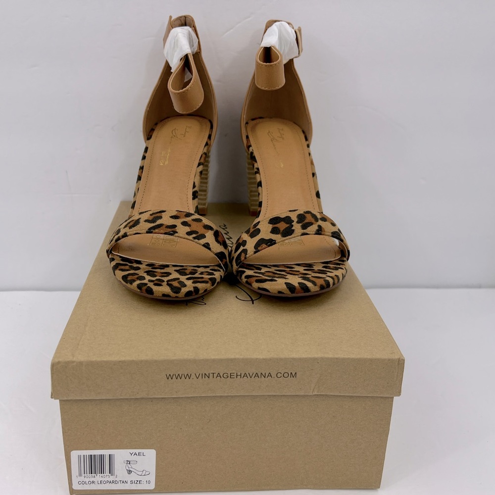 VINTAGE HAVANA,BEIGE & COFFEE LEOPARD PRINT OPEN TOE MIDTOP, ANKLE LOOP W/BUCKLE - Picture 2 of 14